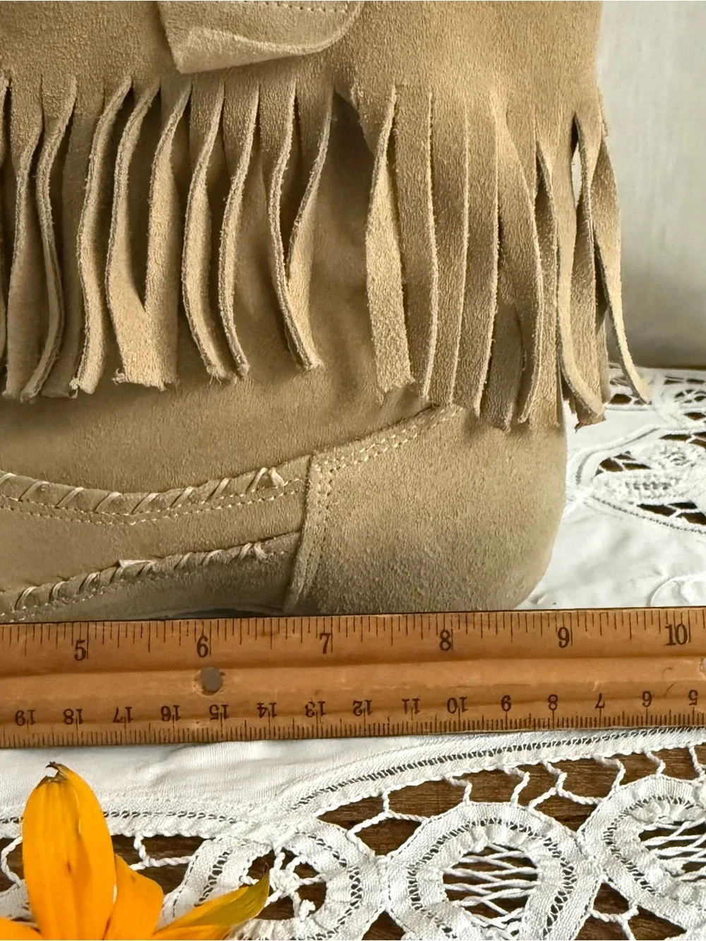 Sundance Suede Fringe Moccasin Ankle Boots 36 US 6 Beige Boho Italy Booties